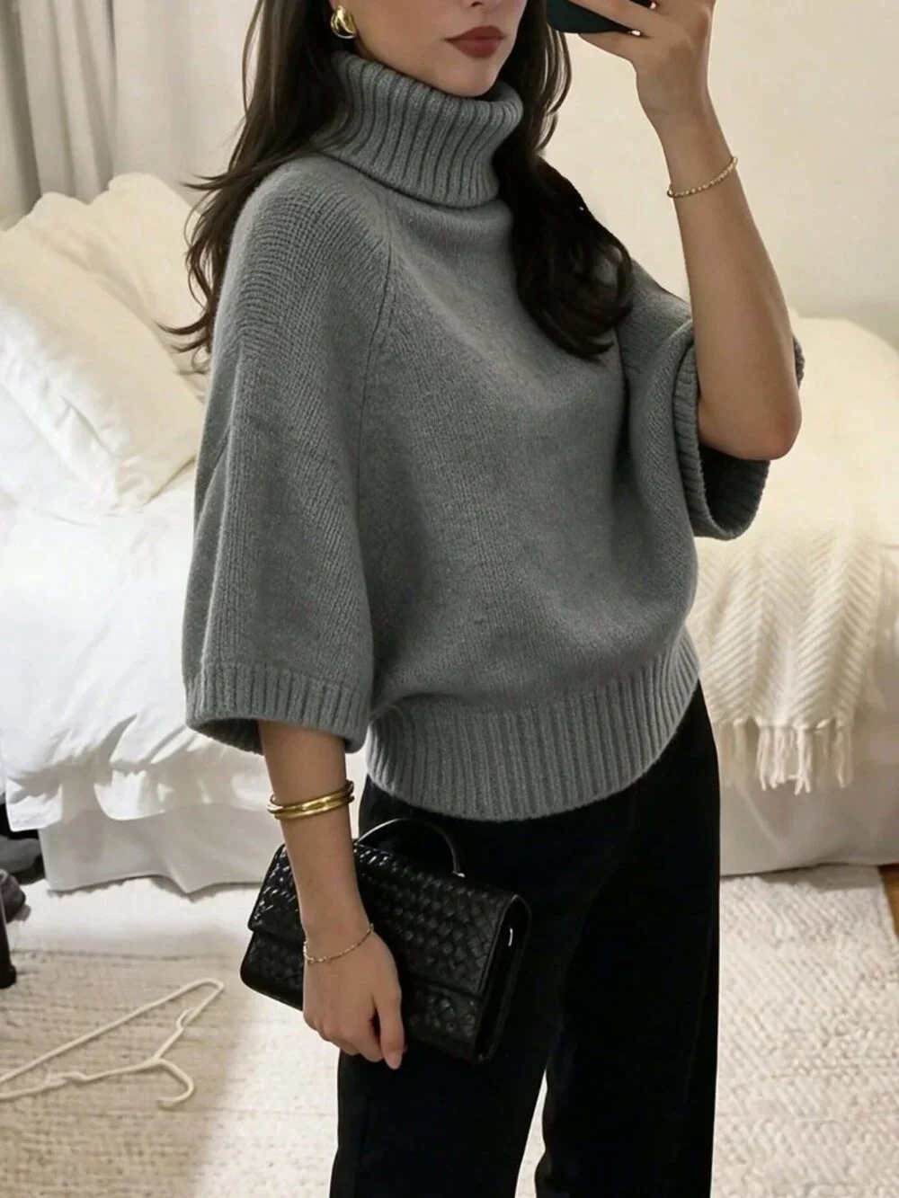 Grey Casual Women's High Neck Sweater Batwing Sleeve Cinched Waist Knit Top